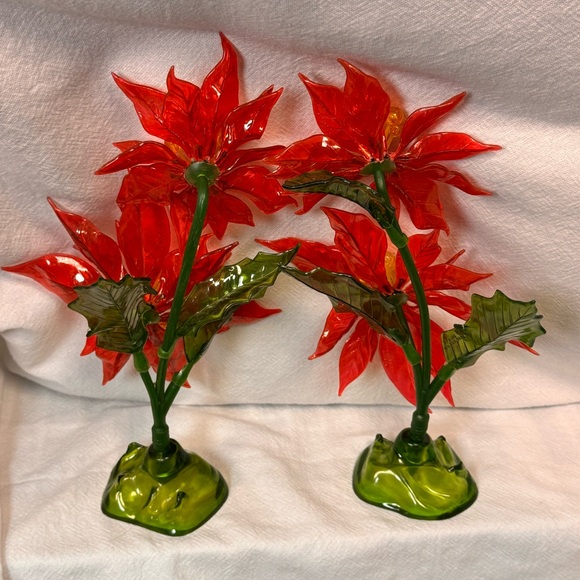 Vintage 60's Lucite Christmas Poinsettias Pair Red Green Glows C.K. Industries - Picture 10 of 12